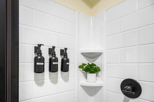 a bathroom with black bottles on a wall at Spacious Resort with 2 Cabins on 3 Acres in Driftwood