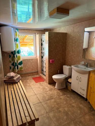 a bathroom with a toilet and a sink at Садиба Кичера in Petrashani