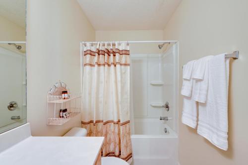 a bathroom with a shower curtain and a toilet at Central and Spacious Townhome in Greensboro! in Greensboro