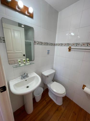 uma casa de banho com um lavatório, um WC e um espelho. em Hotel Bocas Town em Bocas Town