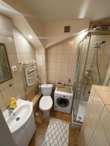 ein Bad mit einem WC, einem Waschbecken und einer Dusche in der Unterkunft Mieszkanko w Perle Mazur-Ostroda in Ostróda
