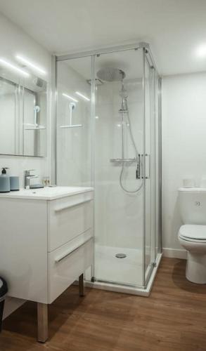 une salle de bain blanche avec douche et toilettes dans l'établissement Appartement jacuzzi et terrasse, à Saumur