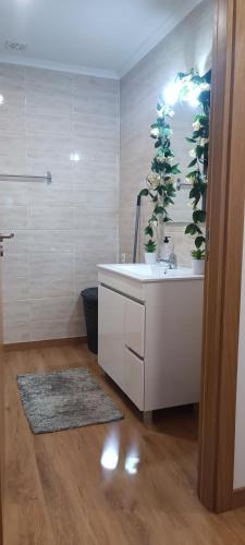 a bathroom with a sink with plants on the wall at Mondalva Apartamentos in São Pedro de Alva