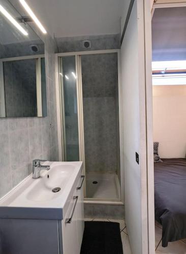 une salle de bain avec un lavabo et une douche et un lit dans l'établissement Paisible - Proche Palais des Sports et Zénith, à Caen
