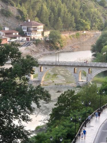 a bridge over a river with people walking on a sidewalk at Timo's Guest House in Berat