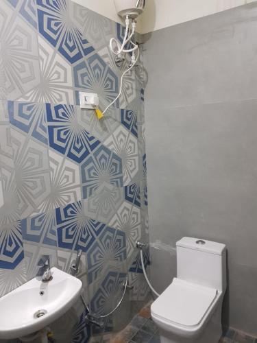 a bathroom with a white toilet and a sink at Gokul Hotel in Mālpura