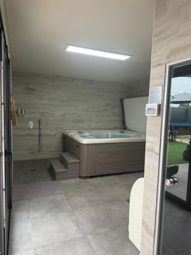 a bathroom with a jacuzzi tub in a room at Reve D Amazonie & Spa in Les Mages