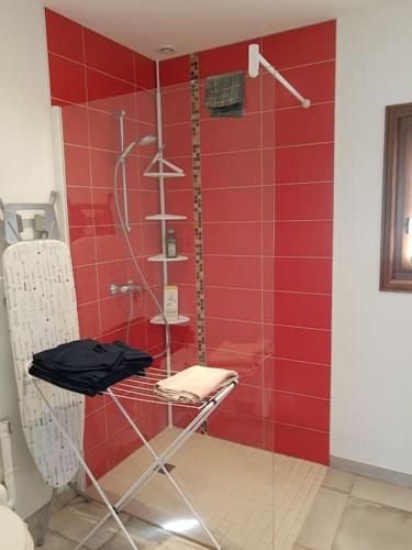 une douche avec un mur carrelé rouge dans une salle de bain dans l'établissement La Roche - au calme face aux vignes -, à Régnié