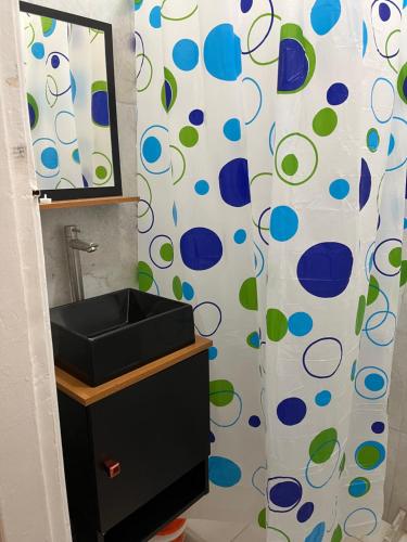 een badkamer met een wastafel en een douchegordijn bij Lindo Studio Flamengo in Rio de Janeiro