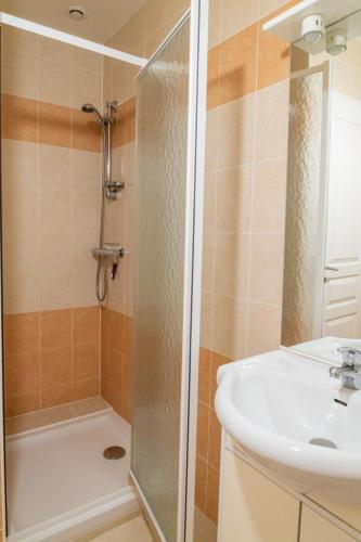 une salle de bain avec douche et lavabo dans l'établissement Meuble de tourisme du haut 3 personnes a serigas, à Meyrueis