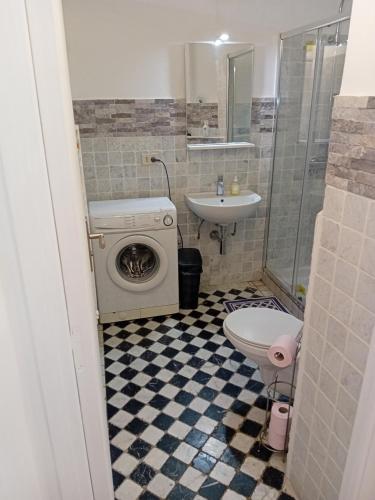 une salle de bain avec une machine à laver et un lavabo dans l'établissement Little garden, à Nice