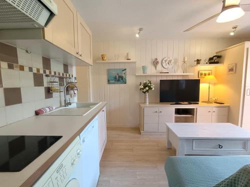 Il comprend une cuisine avec un évier et une télévision. dans l'établissement T3 Piscine Plage Parking, à Six-Fours-les-Plages