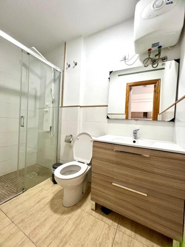 a bathroom with a toilet and a sink and a shower at Casa El Verano in Puerto de Mogán