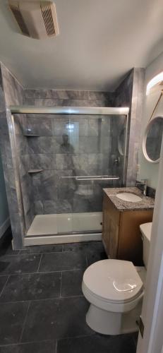 Un baño con ducha, inodoro y lavabo. en Oakdale Area Nice Location, en Portland