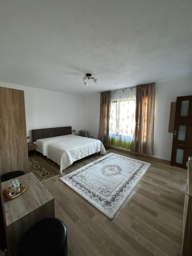 a bedroom with a white bed and a rug at Casa Anais in Slăvuţa