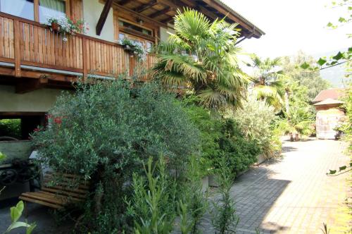 a garden outside a house with plants on a sidewalk at Neuprantl Apartments in Lana