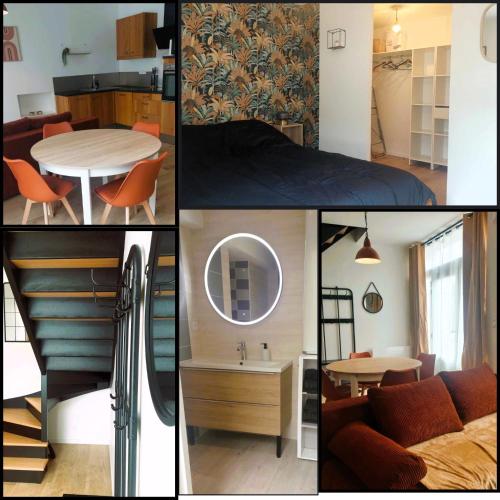 un collage de quatre photos d'une pièce dans l'établissement Maison de bourg - wifi - checkin autonome, à Saint-Martin-sur-Oust