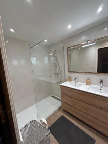 une salle de bain avec douche et lavabo dans l'établissement Sublime maison de montagne, à Guillaumes