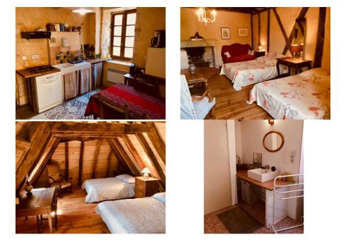 un collage de quatre photos d'une pièce dans l'établissement Gîtes dans village médiéval Périgord, à Limeuil
