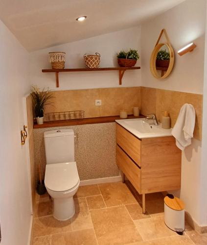une salle de bain avec toilettes et lavabo dans l'établissement Clos Baroanni - Chambre Oléa, à Terraube