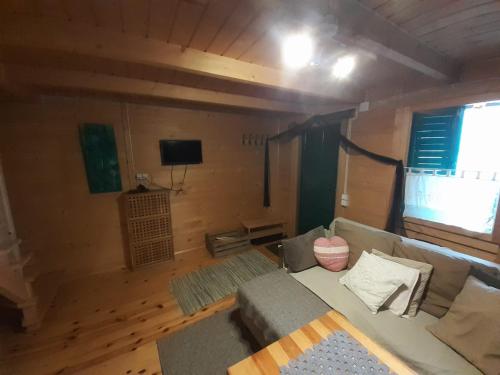 a living room with a couch and a television at Domek za lasem in Laskowa