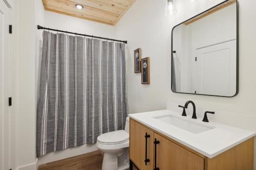 a bathroom with a sink and a toilet and a mirror at Private Pool, Dog Friendly, Theater, Game Room! in Sevierville