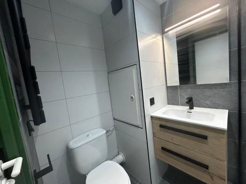 une petite salle de bain avec toilettes et lavabo dans l'établissement Charmant studio pour 3 pers. avec balcon, au pied des pistes, Reberty 2000 - FR-1-452-385, aux Menuires