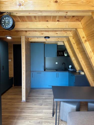 a kitchen with blue cabinets and a clock on the wall at Oasis of peace in Šavnik
