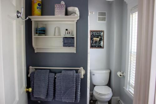 a bathroom with a toilet and blue walls at Bourne Bed and Breakfast in Ogunquit