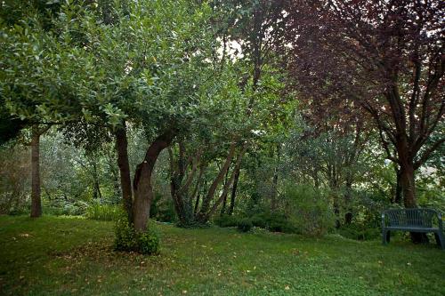 a park bench sitting in the grass next to a tree at Casale del Monsignore in Spoleto