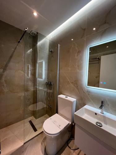 a bathroom with a toilet and a shower and a sink at Villa Niku Berat in Berat