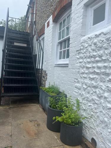 a house with two pots of plants next to a stairs at The Studio, Arundel in Arundel