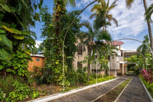 a house with palm trees and a street at Gran Karmel Hotel in Santa Cruz Muluá