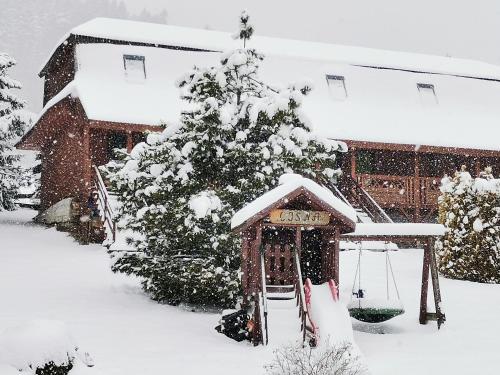 チスナにあるKLEMENTÓWKAの雪の中の家の前の展望台