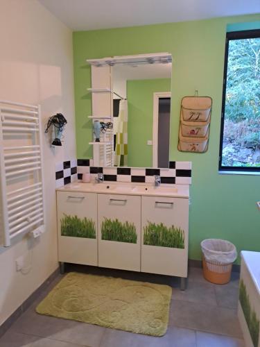 une salle de bain avec un lavabo et un miroir dans l'établissement Maison en campagne, à Meillac