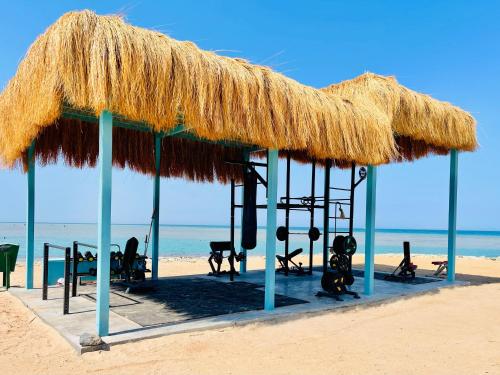 a straw hut on the beach with chairs and chairs at Mangroovy - Elgouna Authentic Designer shared home 2 BDR each with private bathroom for Kitesurfers with Pool View & Beach Access in Hurghada