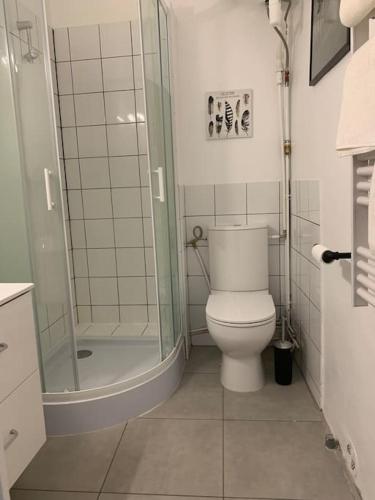une salle de bain blanche avec douche et toilettes dans l'établissement Garrigue appartement avec la climatisation, à Nîmes