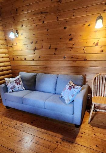 a blue couch in a room with a wooden wall at Cajun Cedar Log Cottages in Margaree Forks