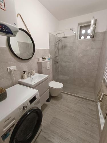 a bathroom with a toilet sink and a shower at Studio apartman Terezija in Županja