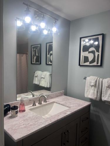 a bathroom with a sink and a large mirror at Mountain Villas Condo Retreat for 12 in Boyne Falls