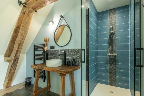 une salle de bain avec un lavabo et une douche dans l'établissement 6 ch, 5 salle de bain, 25 minutes du Zoo de Beauval et Chambord, 12 pers, à Chémery