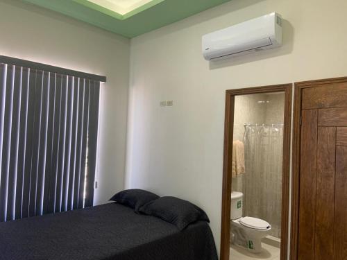 a bedroom with a bed and a toilet and a shower at AB bed and breakfast in Chihuahua