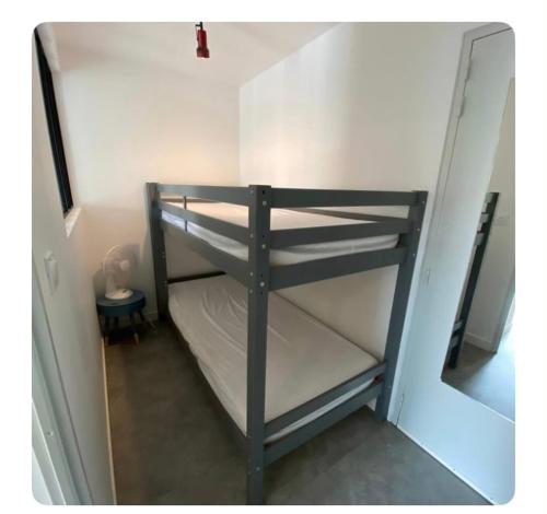 Ce lit superposé se trouve dans un dortoir doté d'un miroir. dans l'établissement Appartement 6 couchages rez-de-jardin à 5 mn de la plage, au Cap d'Agde