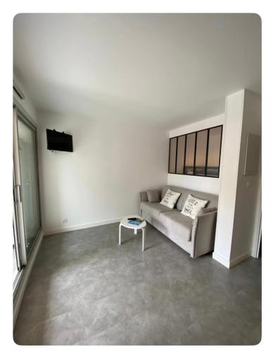 un salon avec un canapé et une table dans l'établissement Appartement 6 couchages rez-de-jardin à 5 mn de la plage, au Cap d'Agde