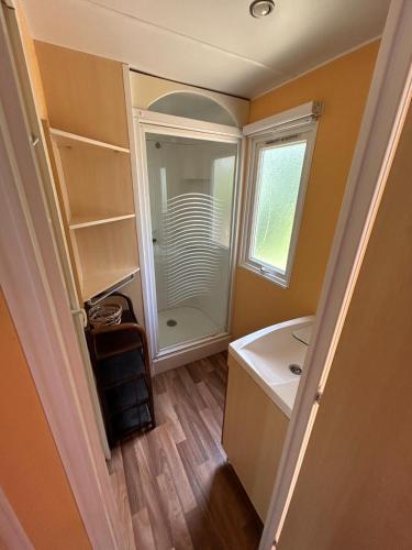 une salle de bain avec un lavabo et un miroir dans l'établissement Mobilhome 3 Ch climatisé à 45 mn de Paris, à Saint-Chéron