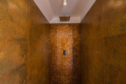 a bathroom with a shower with brown tiled walls at Aurea Apartman in Siófok