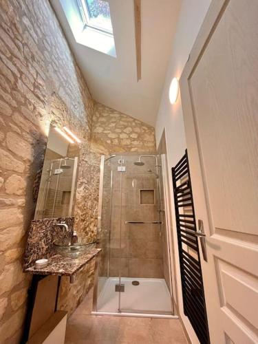 une salle de bain avec douche et lavabo dans l'établissement Near châteaux and charming villages, à Cravant-les-Coteaux