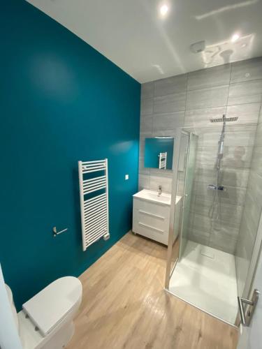 une salle de bain avec une douche, des toilettes et un lavabo dans l'établissement Longère en Centre-Ville, à Brest