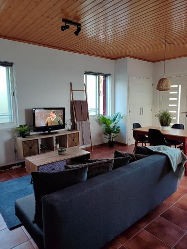 a living room with a blue couch and a tv at Casa do Moinho in Lajes do Pico
