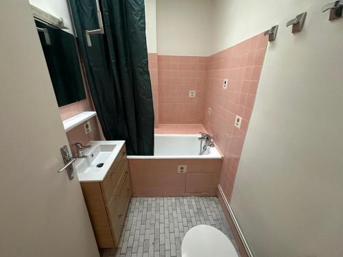 une salle de bain avec une baignoire, un lavabo et des toilettes dans l'établissement Appartement vue Marie Vincennes, à Vincennes